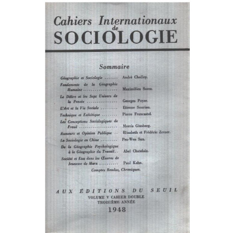 Cahiers internationaux de sociologie / volume V / troisième année