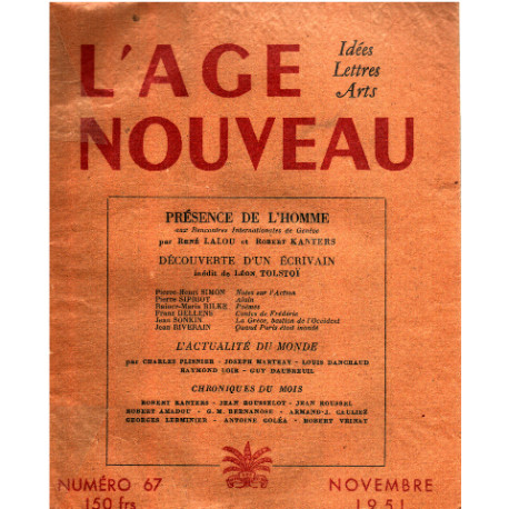 L'age nouveau n° 67 / presence de l'homme par rené Lalou et robert...