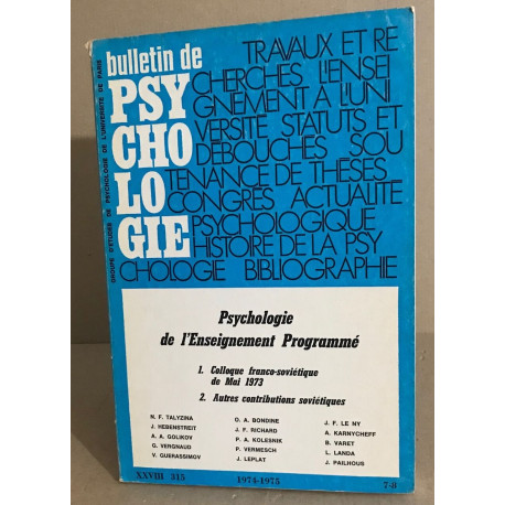 Bulletin de psychologie n° 315 / revue bimestrielle / articles sur...