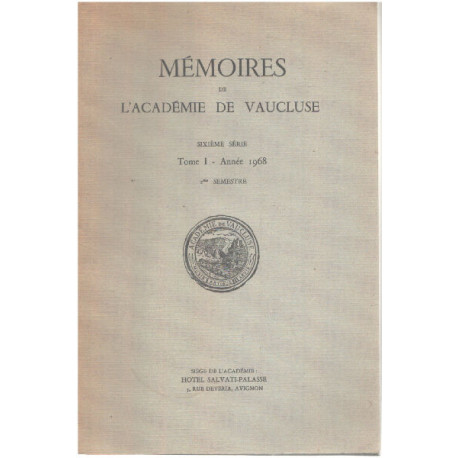 Memoires de l'académie de vaucluse / sixieme serie / tome 1 /...