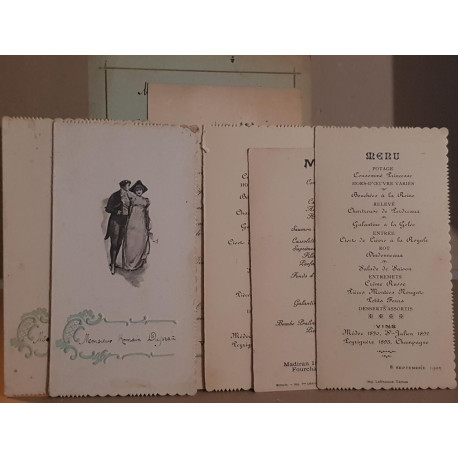 Lot de 5 menus et deux cartons - années 1900